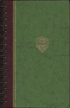 (Graphic Only) Green cover, dark brown binding, golden book open in a crest