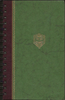 (Graphic Only) Green cover, dark brown binding, golden book open in a crest